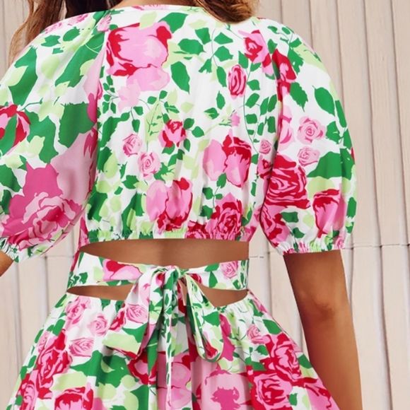 Green Printed Surplice Short Sleeve Mini Dress - Picture 5 of 5